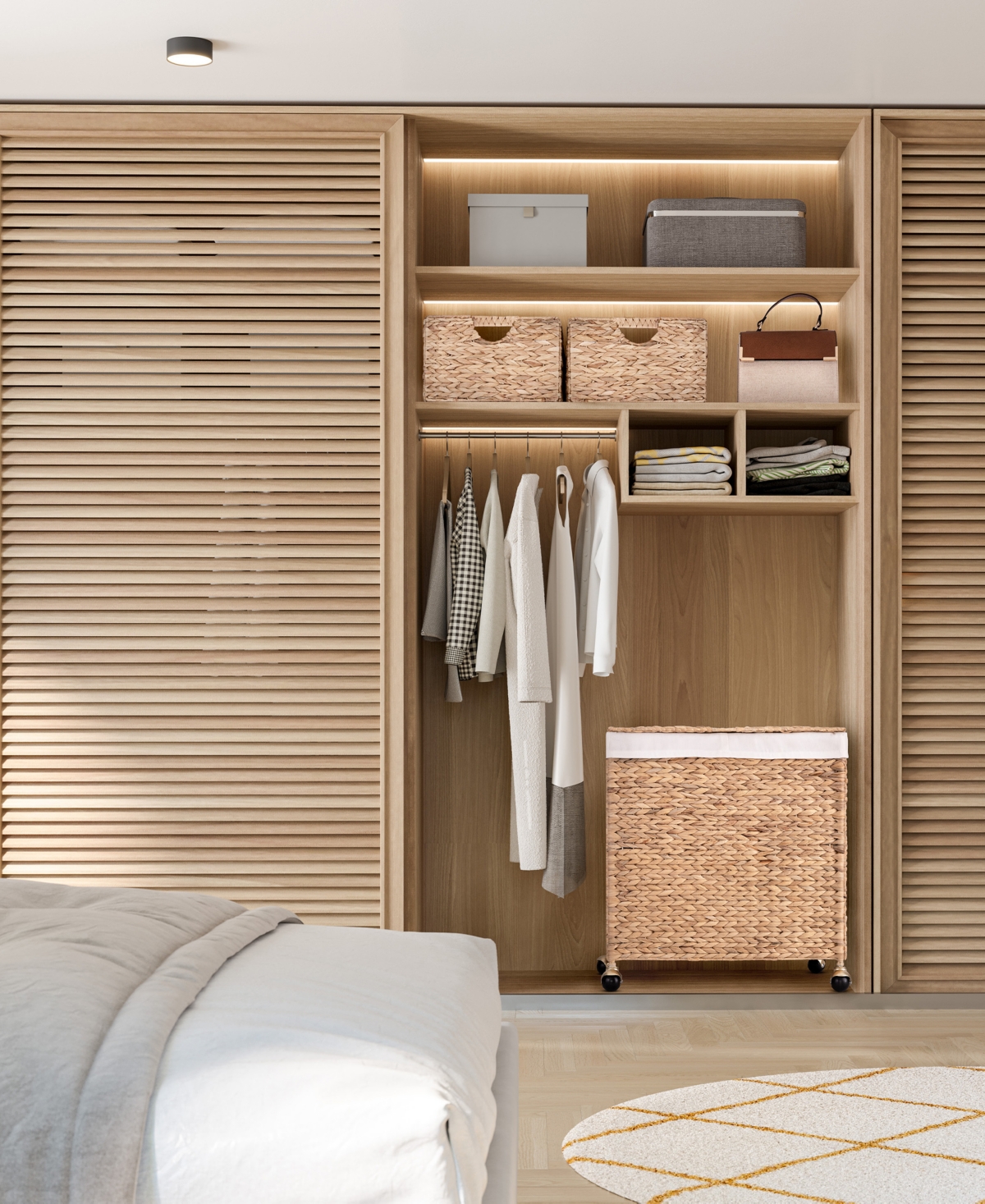 Seville Classics Double Handwoven Lidded Rolling Laundry Hamper With Gold Sphere Casters In Natural