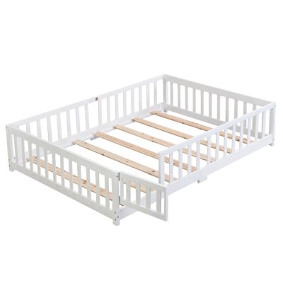 Solid Wood Floor Bed with Door & Fence - White
