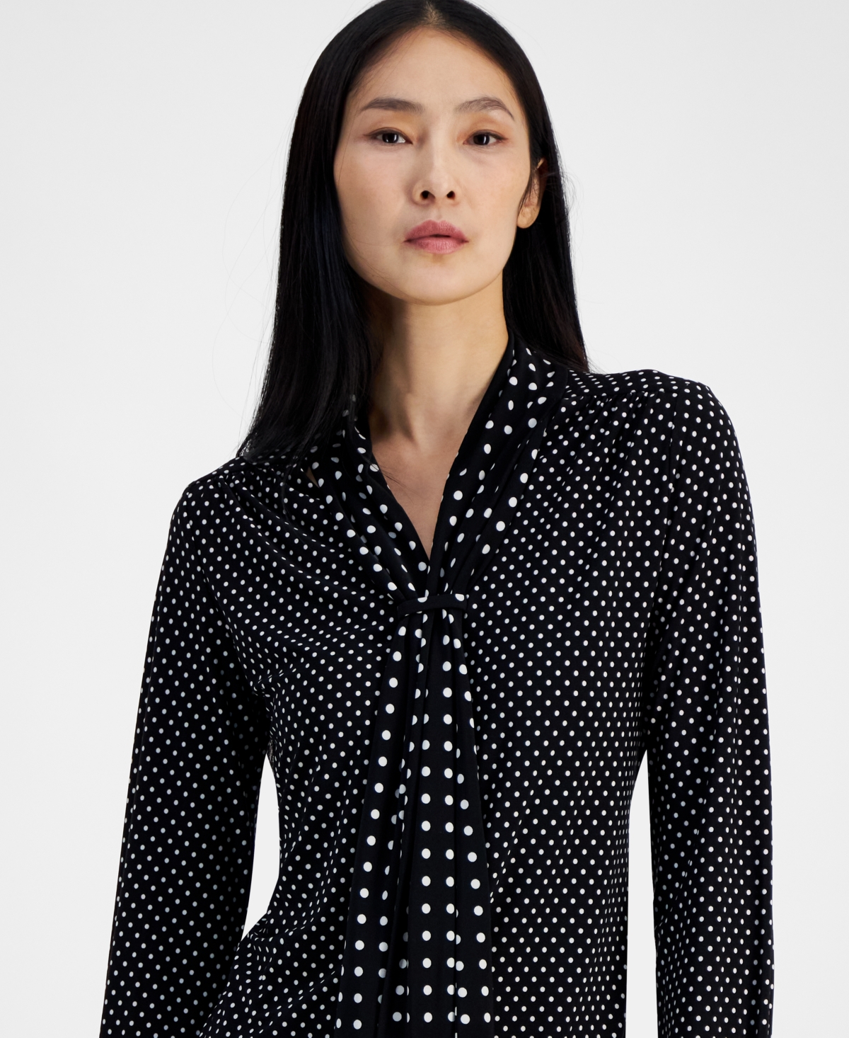 Anne Klein Petite Polka Dot Draped Collar Blouse -bright White