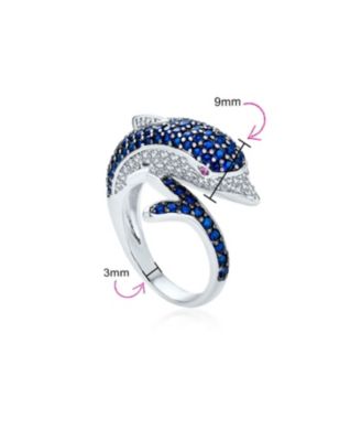 Pave Navy Blue Cubic Zirconia Bypass Dolphin Band Ring Black Silver Plated Brass