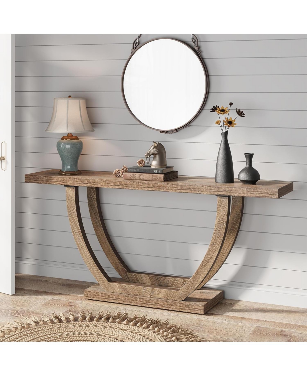 Tribesigns 63-Inch Wood Console Table with Geometric Base, 2-Tier Farmhouse Sofa Table Narrow Long, Thickened Behind Couch Table with Shelves for Livi