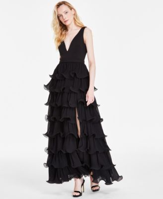 Betsy & Adam - Women's Tiered Long V-Neck Gown