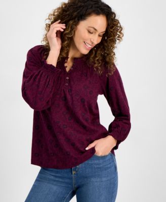 Style & Co - Petite Kay Line Printed Smocked Blouse