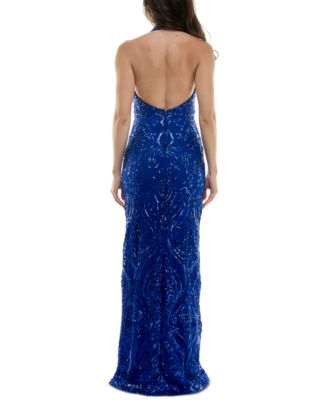 Juniors' Sequined Halter V-Neck Open-Back Gown