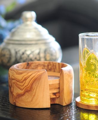 Olive Wood Coaster Set of 6 with Holder