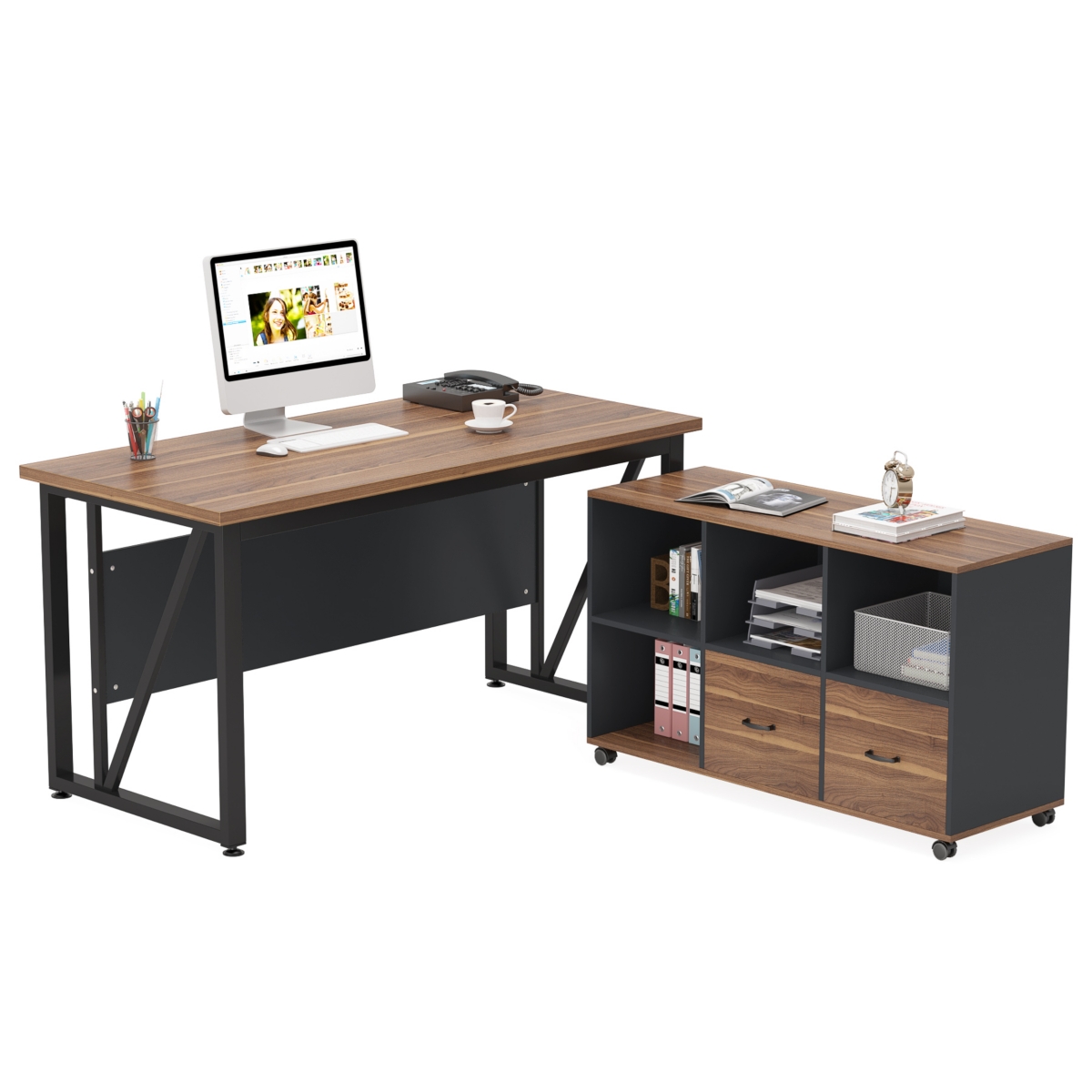 Tribesigns 55-Inch Executive Computer Desk with 43-Inch Lateral File Cabinet, Large Workstation Business Furniture, Shaped Desk with Drawers and Sto