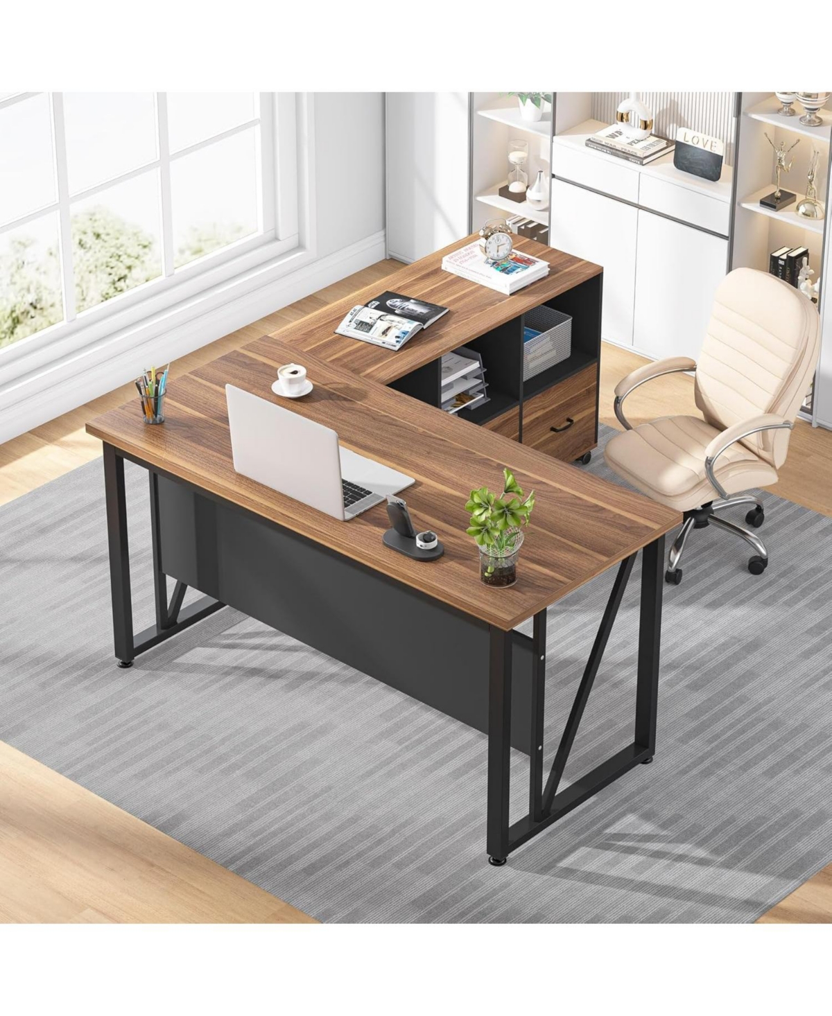 Tribesigns 55-Inch Executive Computer Desk with 43-Inch Lateral File Cabinet, Large Workstation Business Furniture, Shaped Desk with Drawers and Sto