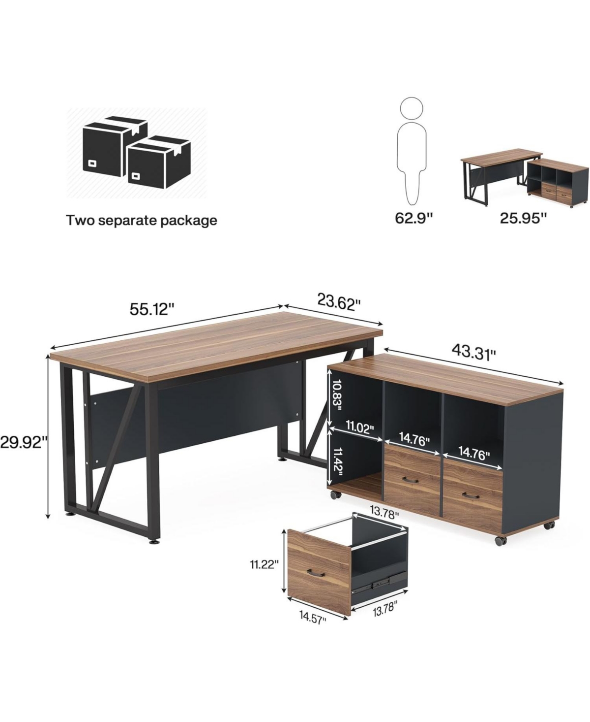 Tribesigns 55-Inch Executive Computer Desk with 43-Inch Lateral File Cabinet, Large Workstation Business Furniture, Shaped Desk with Drawers and Sto