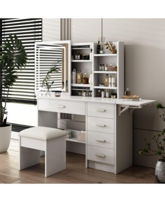 Modern Makeup Vanity Desk with Mirror, Lights, Open Shelves & Chair for Organized Beauty Setup