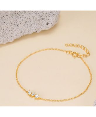 18K Gold Plated Sterling Silver Chain Link Bracelet with Round, Pear, and Emerald Cut Cubic Zirconia Stones