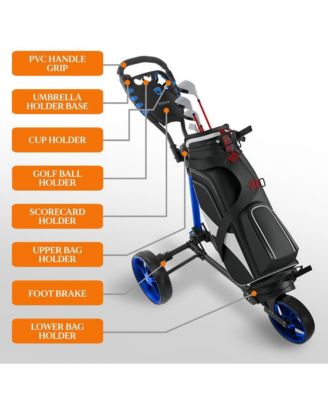 Flat Fold 3-Wheel Golf Push Cart with Deluxe Scorecard and Umbrella Holder