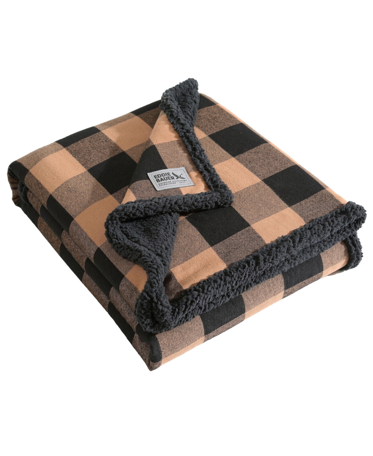Eddie Bauer Cabin Plaid Cotton Flannel Reversible Throw Blanket In Camel Beige,black
