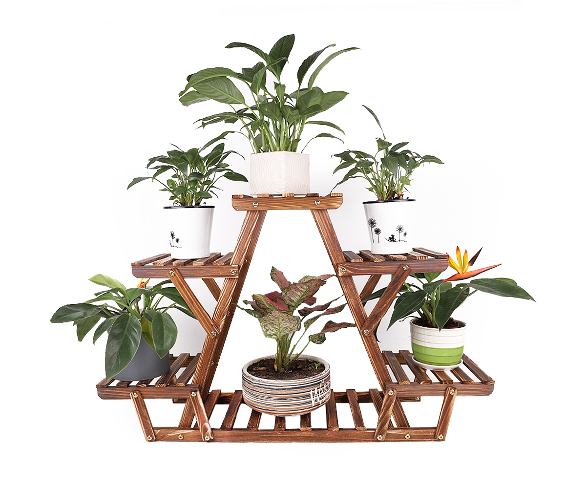 Wooden Plant Stand 6 Tier Bonsai Display Shelf Carbonized Wood for Porch Outdoor - Medium brown