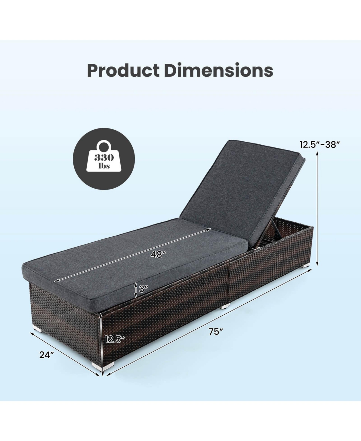 Pcs Chaise Lounge with 4-level Backrest Heavy-Duty Metal Frame Seat Cushion