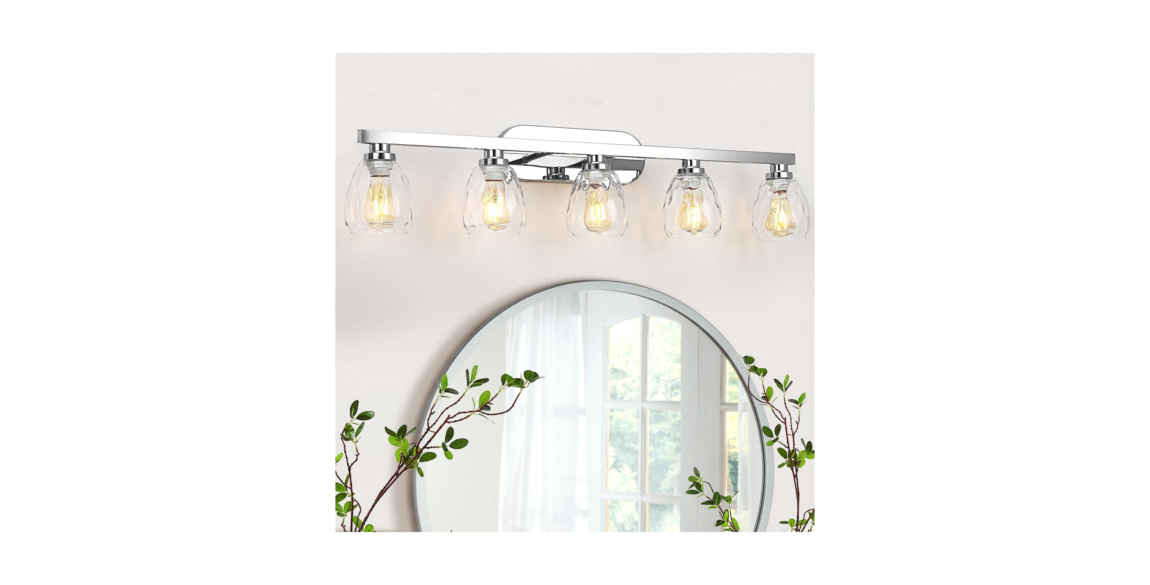 gaomon 5 Light Bathroom Light Fixtures Chrome with Hammered Glass Shade, Vanity Lighting Fixtures Over Mirror Wall Mount E26 Socket for Hallway Kitche