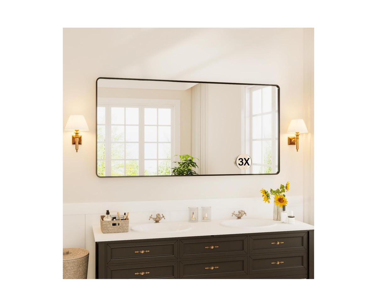 Black Metal Framed Bathroom Mirror for Over Sink 72 36" Vanity Rounded Rectangle Wall Mirror with 3X Magnifying Gass Wall Mounted Home Decor (H