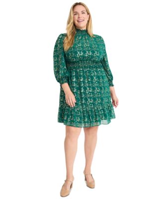 Maggy London Plus Size Smocked Mock-Neck Metallic-Pattern Dress - Macy's