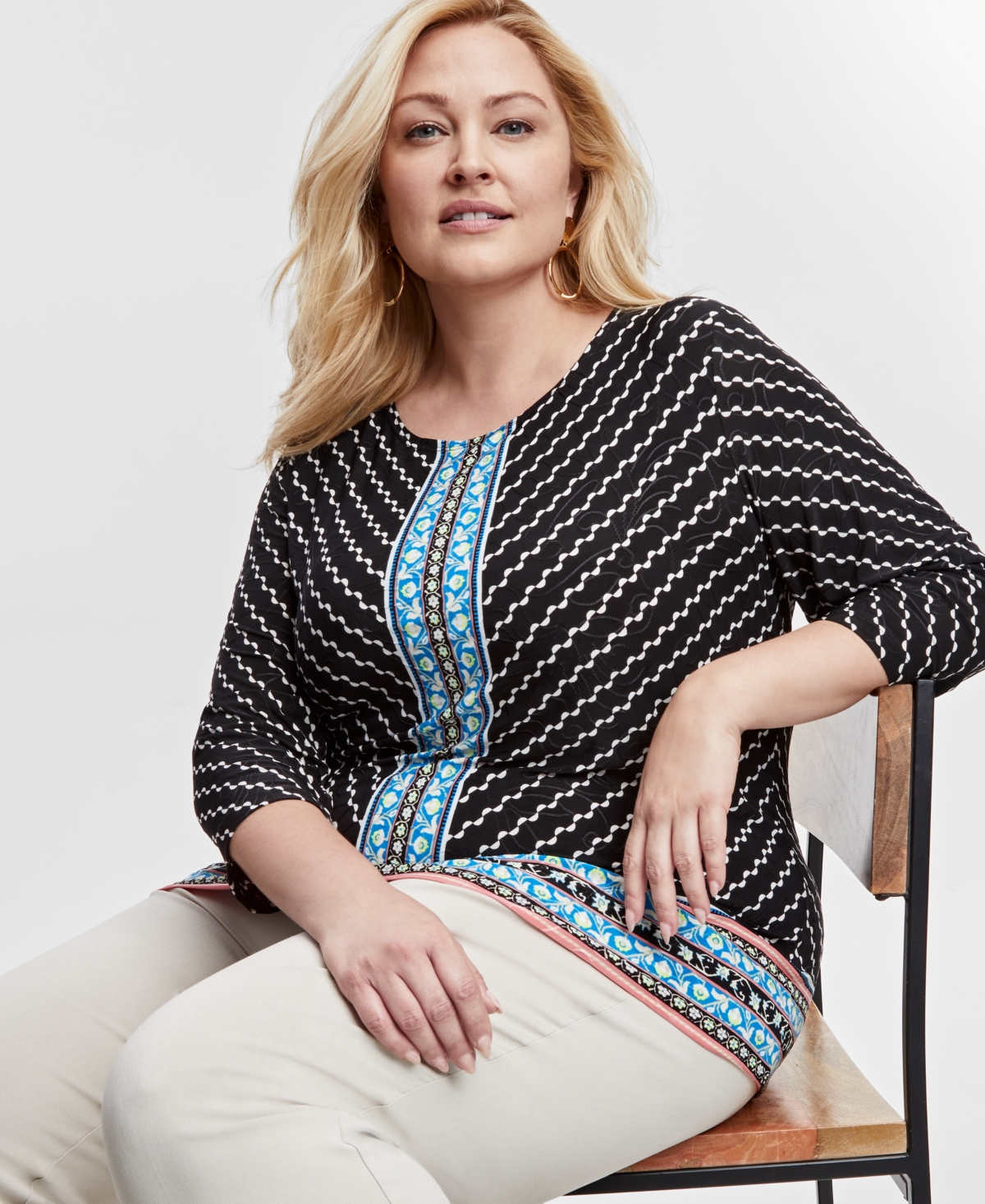 Jm Collection Plus Size Jacquard 3/4-Sleeve Top, Exclusively at Macy's
