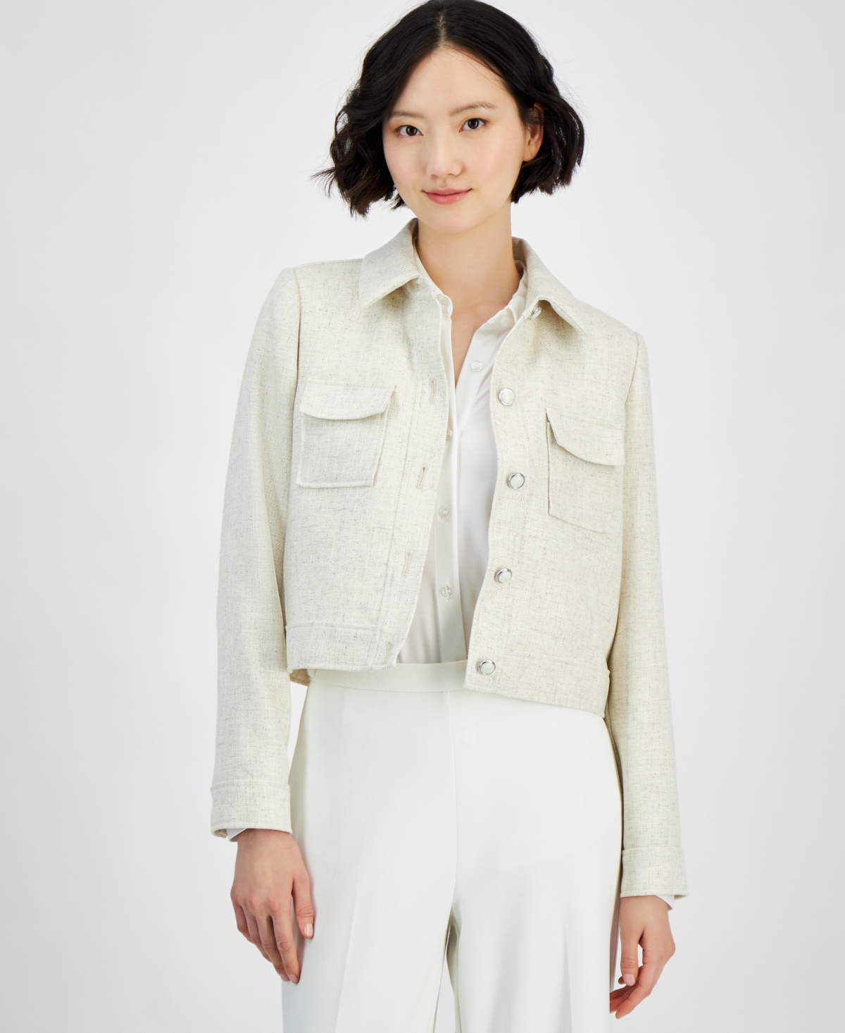 Tahari Asl Women's Cropped Button-front Tweed Jacket In Ecru