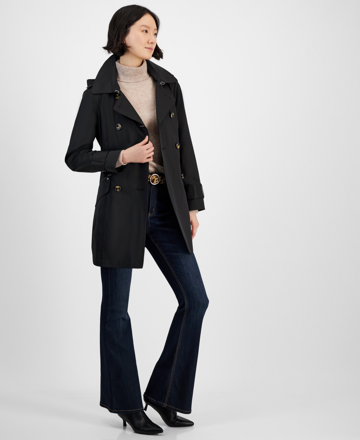 Women's Double-Breasted Hooded Belted Trench Coat - Stone