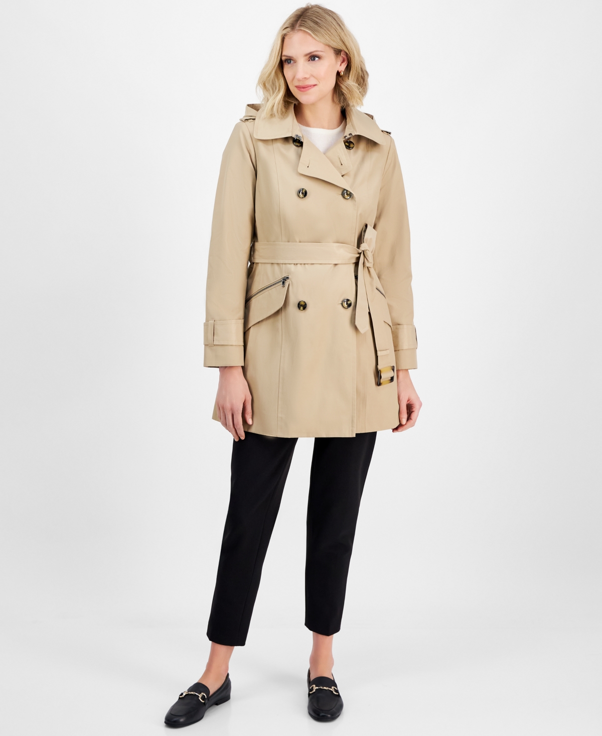 Women's Double-Breasted Hooded Belted Trench Coat - Stone
