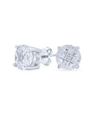 Round Solitaire CZ Invisible Cut Checkboard Cubic Zirconia Stud Earrings Sterling Silver