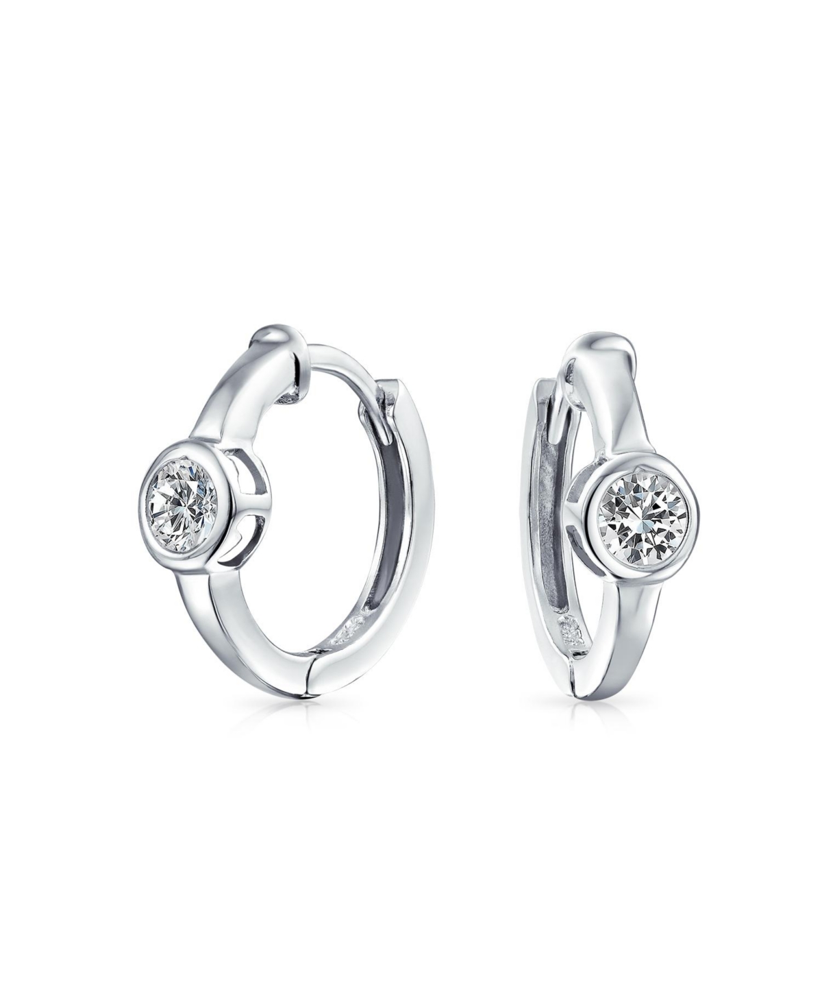 Classic Dainty Round Cubic Zirconia Solitaire Clear Green Cz Small Hoop Huggie Earrings .925 Sterling Silver - Clear