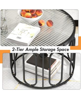 2-Tier 24'' Round Coffee Table w/ Oval Swivel Brackets & Reeded Tempered Glass Gold