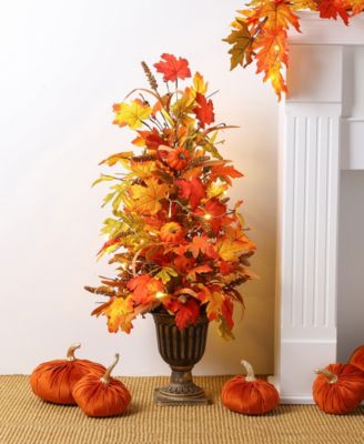 36"H Fall Lighted Maple Leaves Urn Potted Porch Tree, 20 Warm Lights with Timer