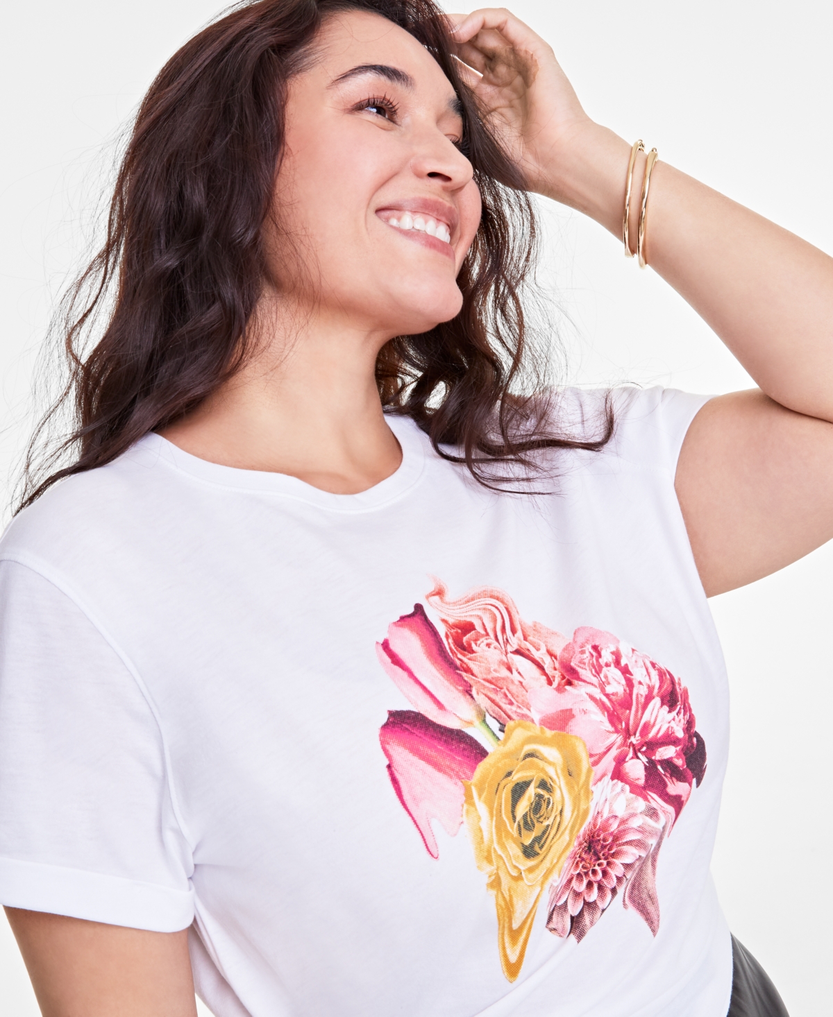 On 34th Trendy Plus Size Warped Flowers Graphic-Print Tee, Exclusively at Macy's
