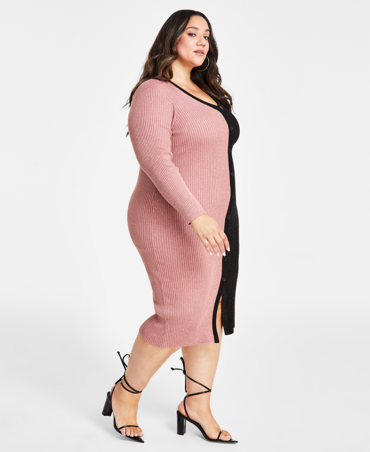 NINA PARKER TRENDY PLUS SIZE RIBBED BUTTON-FRONT DRESS 