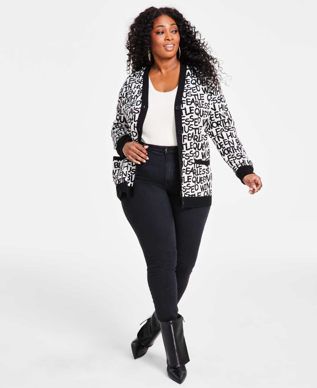 Nina Parker Trendy Plus Size Jacquard Boyfriend Cardigan