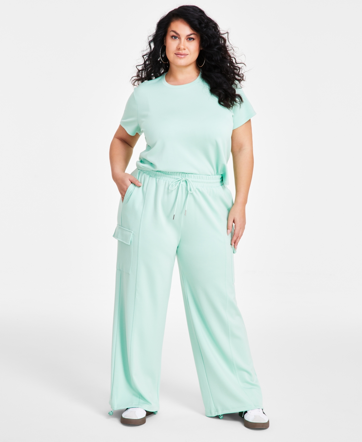 Nina Parker Trendy Plus Size Scuba Cargo Jogger Pants In Mist Green