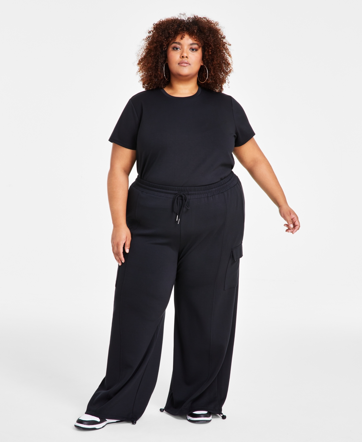 Nina Parker Trendy Plus Size Scuba Cargo Jogger Pants In Black Beauty