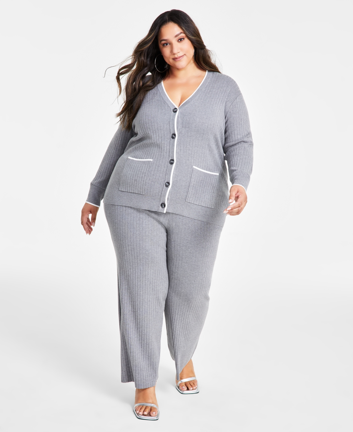 Nina Parker Trendy Plus Size Rib-Knit Henley Cardigan
