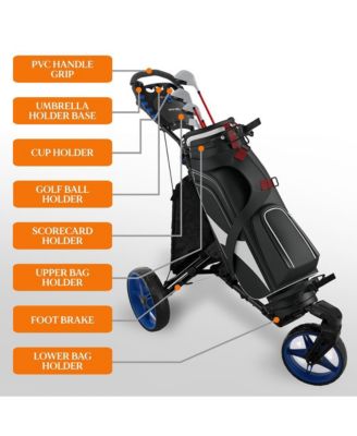 Foldable 3-Wheel Golf Push Cart with Deluxe Scorecard Holder and Cup Holder