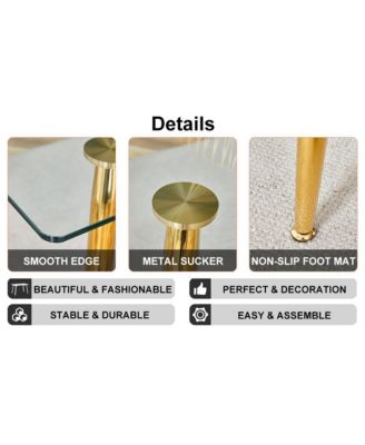 Table and chair set.Modern rectangular glass dining table with tempered glass countertop and golden metal legs, paired with multiple transparent high-quality PET dining chairs with golden legs.