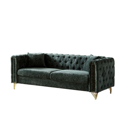 82-Inch Chenille Pull Buckle Design Sofa for Living Room, Buttons Tufted With Copper Nail Decoration Armrest, Modern Couch Upholstered Button And Metal Legs