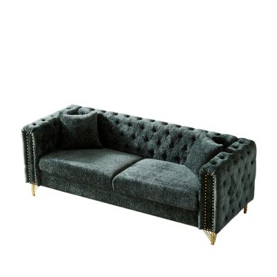 82-Inch Chenille Pull Buckle Design Sofa for Living Room, Buttons Tufted With Copper Nail Decoration Armrest, Modern Couch Upholstered Button And Metal Legs