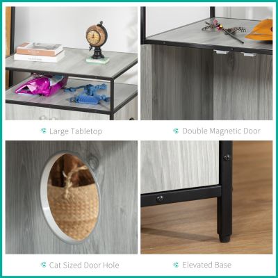 Wooden Cat Litter Box Enclosure, Hidden Kitten Washroom, Indoor End Table with Magnetic Doors & Storage Shelves, Gray