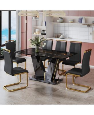 Table and chair set, Modern minimalist rectangular dining table, 0.4 inch thick, with a black imitation marble pattern glass desktop and black MDF legs. Comfortable PU seats, perfect for dinner, meet