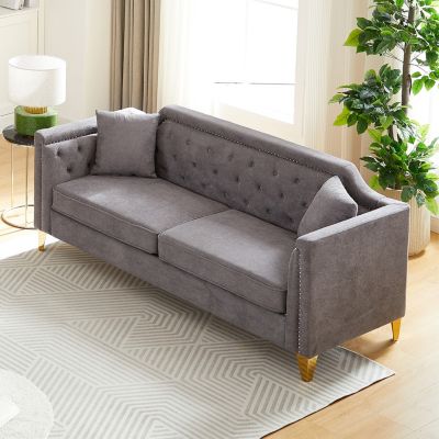 Modern Chenille Sofa with Tufted Buttons and Copper Nail Trim