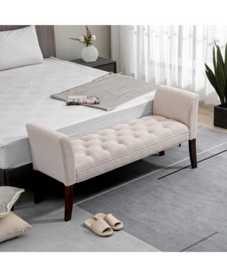 End of Bed Bench with Button Tufted Design, Upholstered Bedroom Entryway Bench with Arms and Solid Wood Legs for Bedroom, Beige