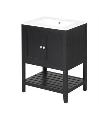 24" Black Modern Sleek Bathroom Vanity Elegant Ceramic Sink with Solid Wood Frame Open Style Shelf