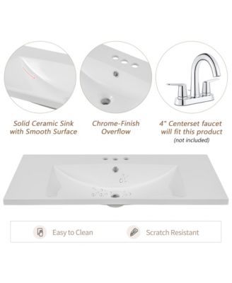 36" Single Bathroom Vanity Top with White Basin, 3-Faucet Holes, Ceramic, White