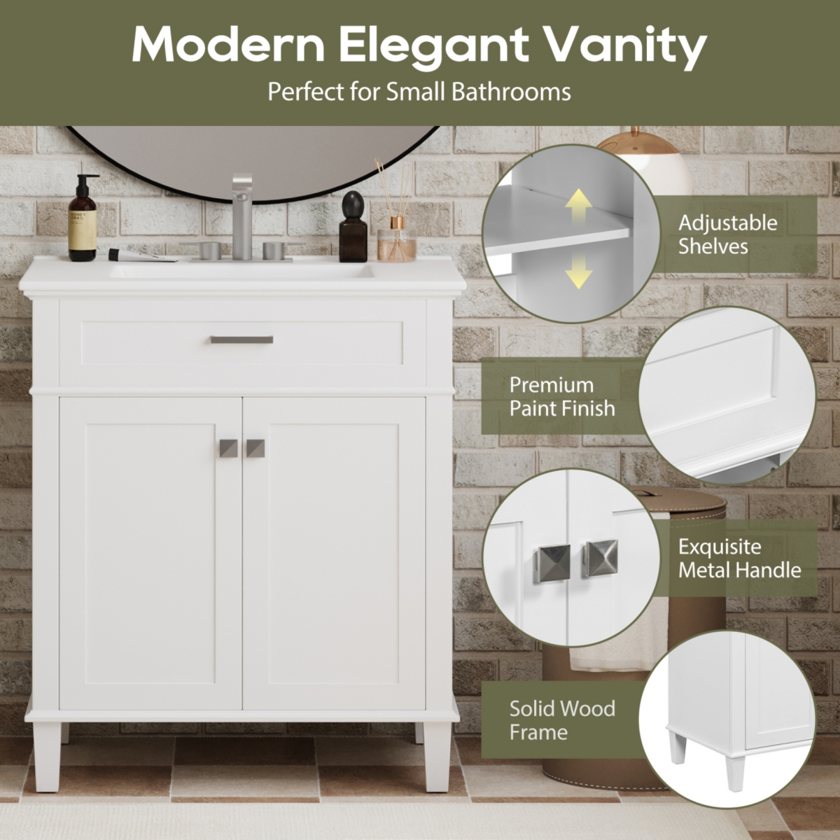 Streamdale 30" Vanity with Ceramic Basin and Adjustable Shelves