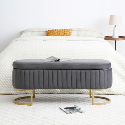 Storage Bench Bedroom Bench, Velvet Oval Upholstered End of Bed Bench with Golden Metal Legs,50" Modern Storage Ottoman Bench for Bedroom, Living Room, Entryway, Window, Grey