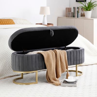 Storage Bench Bedroom Bench, Velvet Oval Upholstered End of Bed Bench with Golden Metal Legs,50" Modern Storage Ottoman Bench for Bedroom, Living Room, Entryway, Window, Grey