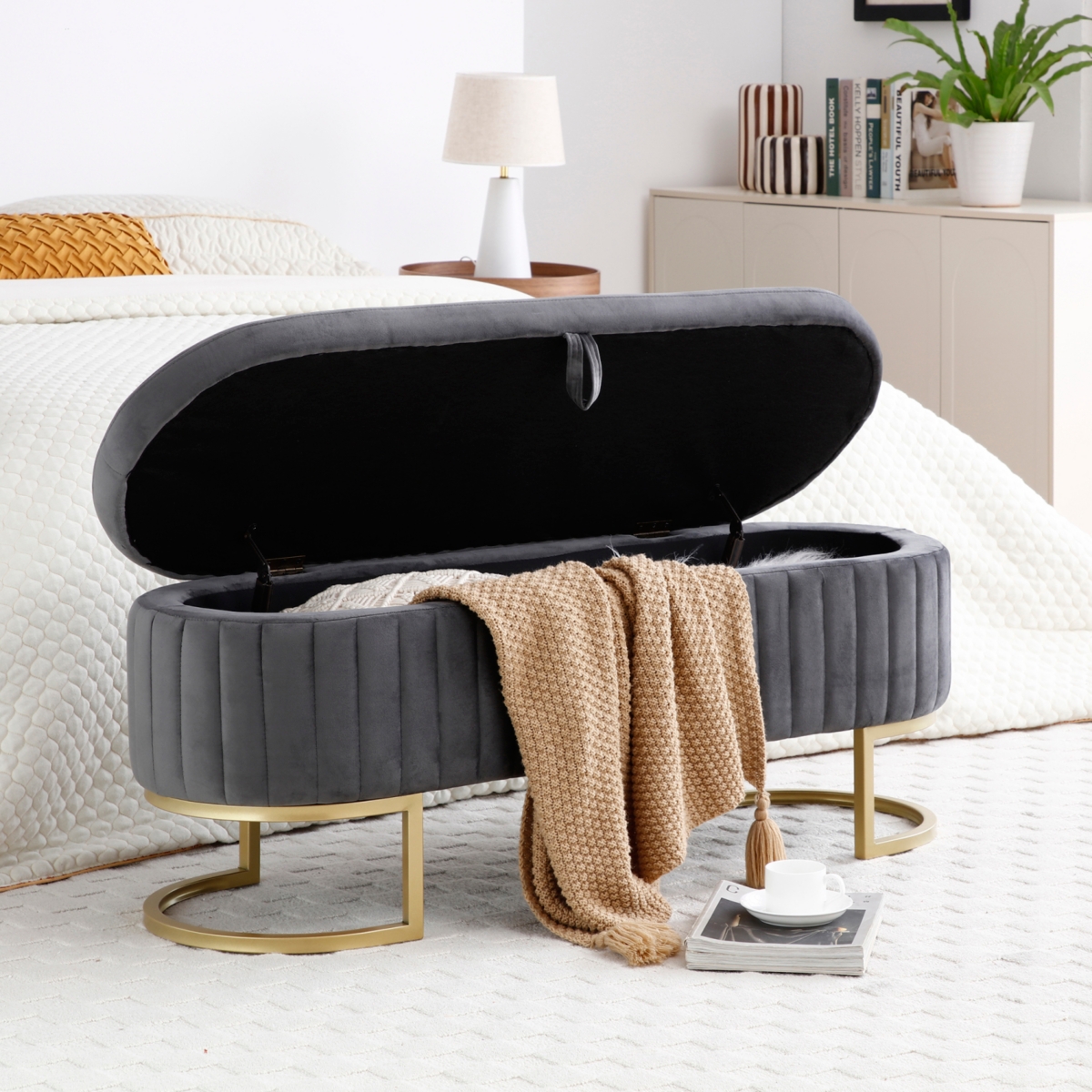 Streamdale Furniture Storage Bench Bedroom Bench, Velvet Oval Upholstered End of Bed Bench with Golden Metal Legs,50" Modern Storage Ottoman Bench for