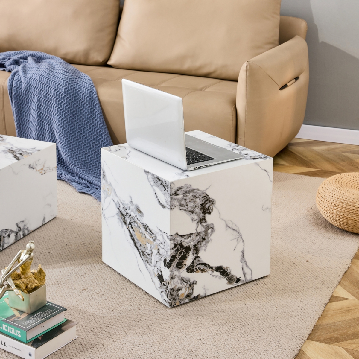 Streamdale Furniture Modern white Mdf+sticker material cube stylish texture design coffee table -15.75 inches